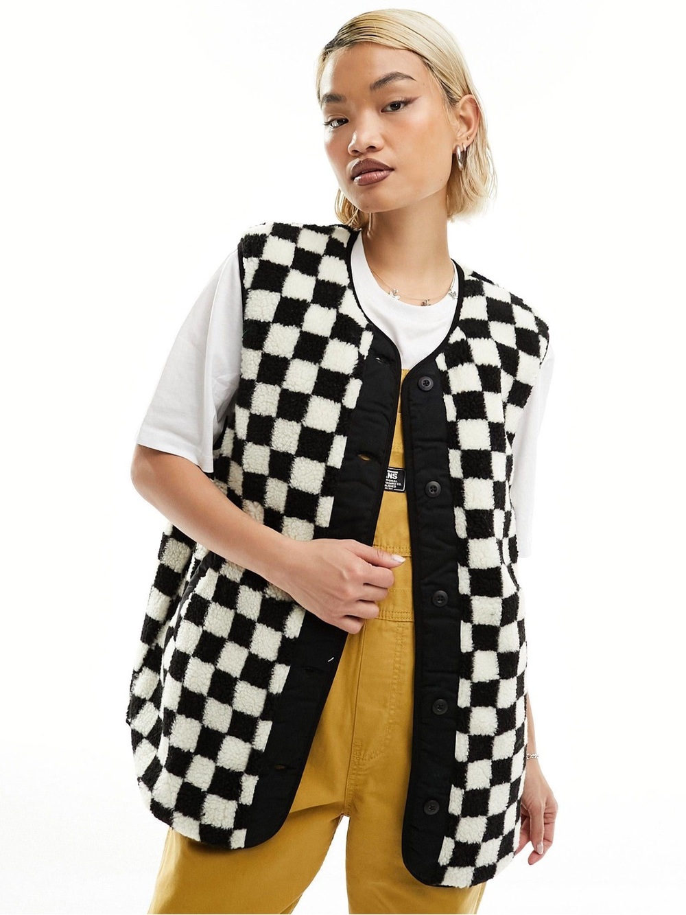 Vans Mason Reversible Checkerboard Sherpa Vest Black White Womens M NWT